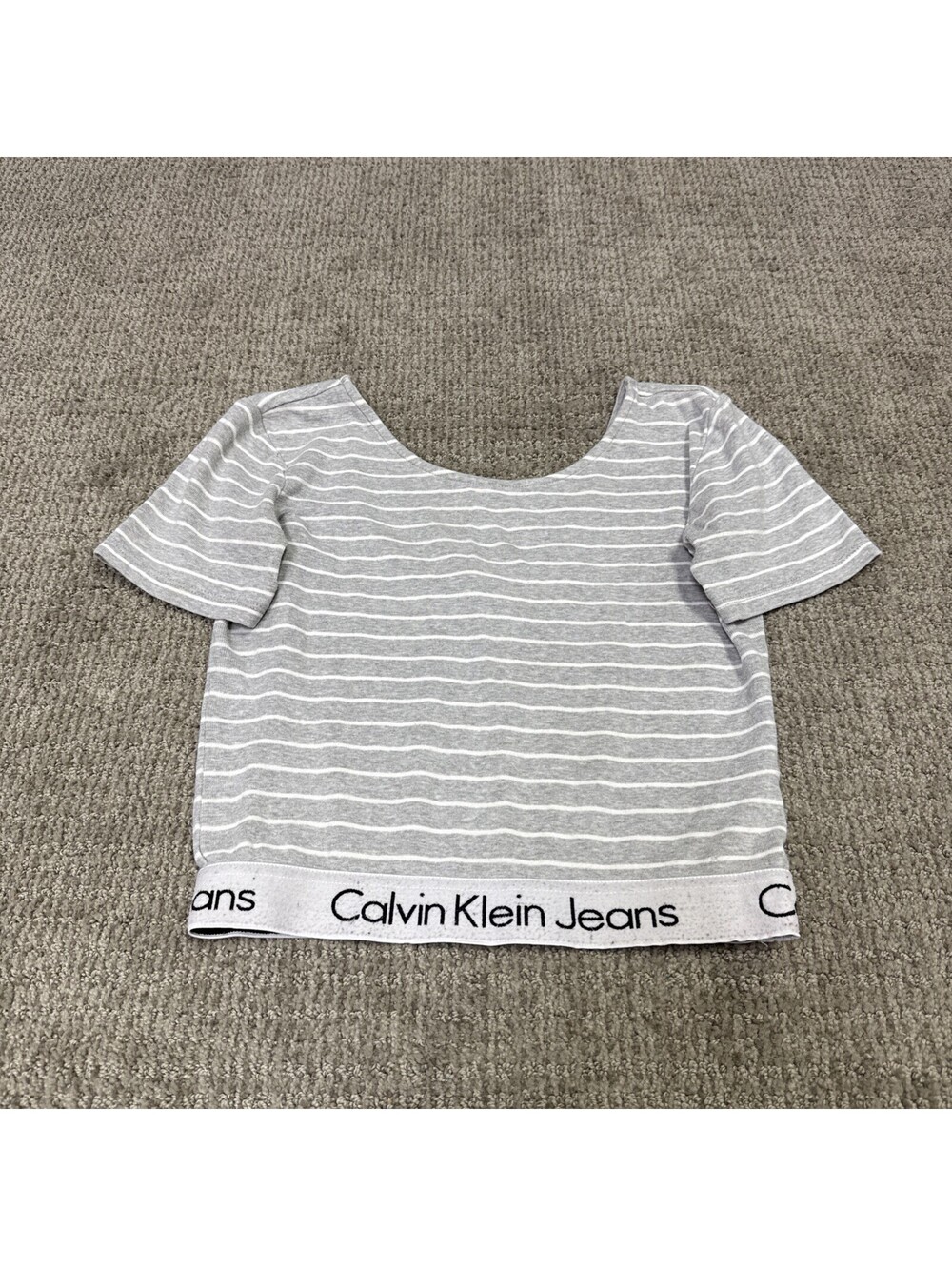Calvin Klein Top Gray White Striped Short Sleeve Women’s Size Small
